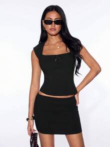 SHEIN ICON 女士黑色休闲纯色吊带背心和迷你裙两件套，春夏款 - 黑色 - 查看 1