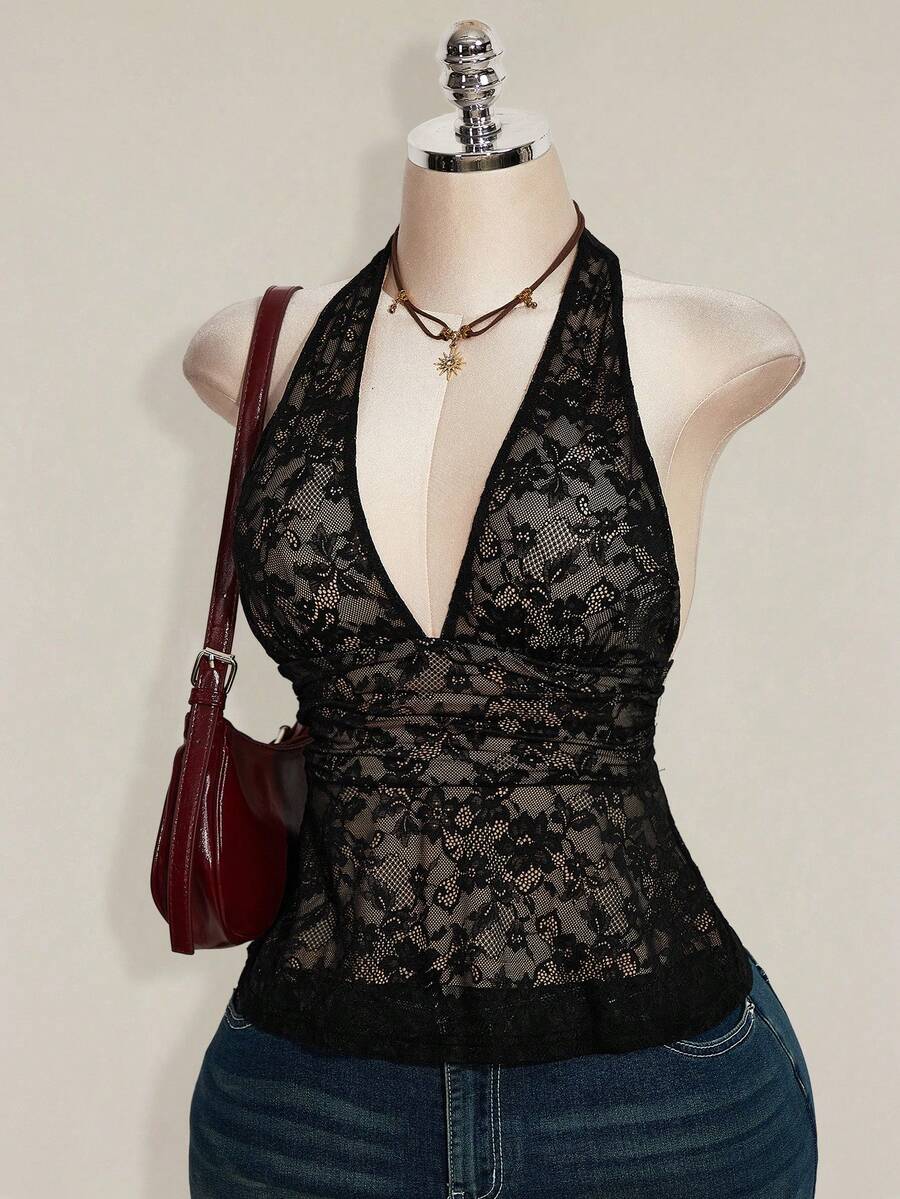 SHEIN ICON Y2k 女士黑色性感哥特风露背俱乐部演唱会蕾丝吊带深V领收腰A字露背吊带衫,夏季 - 黑色 - 查看 1