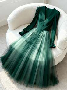 GlowEve 女士收腰A字网纱拼接圣诞假日优雅日常通勤时尚法式街头复古百搭新年商务绿色长袖连衣裙，秋冬款 - 墨綠色 - 查看 9