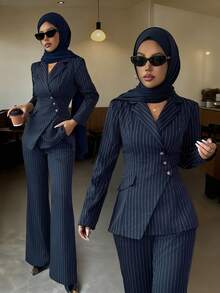 Elenzga 女士藏蓝色条纹不对称翻领单口袋设计收腰优雅专业正式西装外套和阔腿裤两件套 - 藏蓝色 - 查看 3