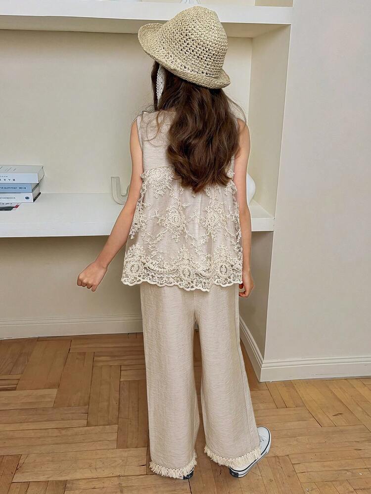 Tween Girls Sleeveless Lace Ruffle Blouse & Pants Set, Fall Outfit Summer