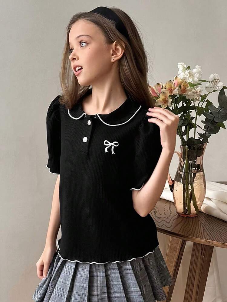 Tween Girls' Casual Everyday Commute Vacation Butterfly Print Contrast Binding Lettuce Trim Puff Sleeve T-Shirt, Summer