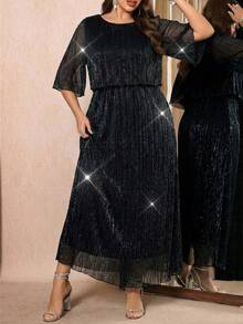 Reflora Plus Size Solid Color Round Neck Raglan Mid-Sleeve Elegant Minimalist Long Dress - Black - View 4