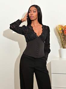 Mima John Premium V-Neck Lace Patchwork Cinching Waist Top - Black - View 1