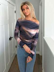 Sydney Algeri Marble Gradient Print Asymmetric Asymmetrical Neck Long Sleeve T-Shirt With Pleats Graphic Tees Women Tops For Spring Outfit Fall Cloth For Women - Brown - View 1