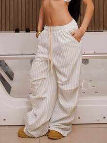 AfricaSnchz 女式夏季基本款条纹阔腿运动裤 - 白色 - 查看 3