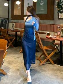 Women's Oblique Shoulder Flounce Long Sleeve Cinched Waist Gradient Elastic Bodycon Dress - Blue - View 3