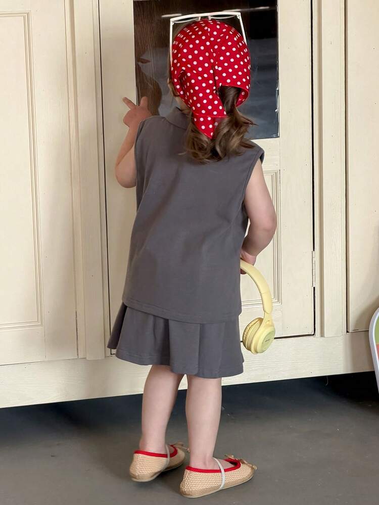 Baby Girls' Casual Collared Sleeveless T-Shirt And Skirt 2-Piece Set, Korean Style Summer