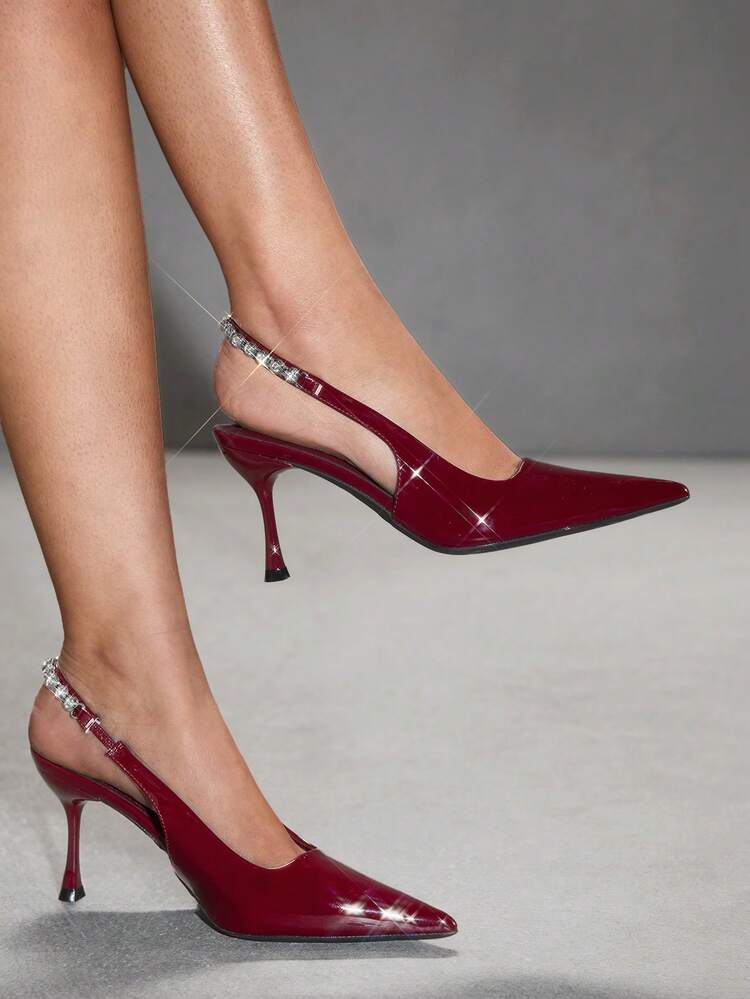 CUCCOO SZL Women's Black Patent Leather Pointed Toe Stiletto Heel Backless Rhinestone Decor Ankle Strap Sexy Party High Heel Pumps Valentine's Day