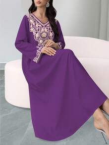 SHEIN Najma 女士复古花卉数码印花V领长袖优雅阿拉伯连衣裙，春秋季 - 彩色 - 查看 3