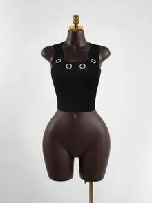 SaltGleam SaltGleam Blusa sin mangas minimalista y personalizada con diseño hueco para mujer - Negro - Ver 4