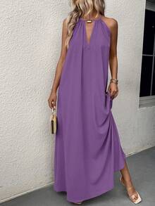 Balvessa Đầm maxi cổ yếm dáng suông đơn giản màu trơn dành cho nữ, thích hợp mặc hàng ngày trong kỳ nghỉ hoặc đi biển. - Bold Plum - Xem 4