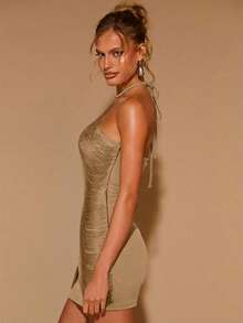 COSMINA Đầm ngắn ôm sát eo buộc dây cổ cho nữ, màu xanh ô liu - Màu Khaki - Xem 6