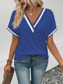 Lymera Áo thun ngắn tay cổ chữ V kẻ sọc phối màu cơ bản, phong cách thường ngày, thích hợp cho mùa xuân/hè. - Nhiều màu - Xem 5