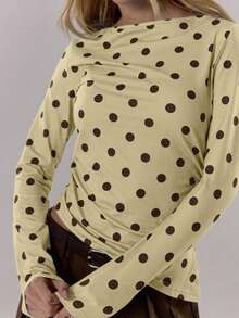 MUSERA Polka Dot Contrast Colour Crewneck Long Sleeve Top Cute Going Out Daily Office School Spring Summer Spring Outfit Easter Casual - Yellow - View 6
