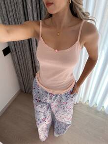 DAZY 女士夏季提花针织吊带背心和宽松碎花睡裤套装 - 粉色 - 查看 5