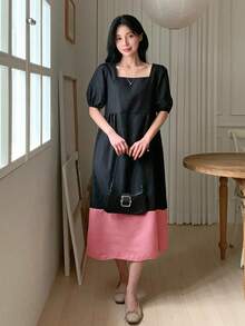 DAZY Women's Square Neck Black Patchwork Contrast Color Loose Mid-Length Dress Summer Sundress - Black - View 5