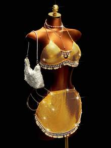 Mistrie 女士彩色串珠泳衣套装，2件套，女士泳衣套装，沙滩度假泳衣套装，海岛度假泳衣套装，沙滩泳池派对假日装，春夏款，春夏波西米亚风泳衣，女士沙滩比基尼，2026夏季夏季女装，沙滩连衣裙，女士沙滩装，优雅休闲夏季度假装，女士度假装，泳装，女士泳衣，比基尼连衣裙，性感夏季水钻比基尼，串珠比基尼 - 金色 - 查看 3