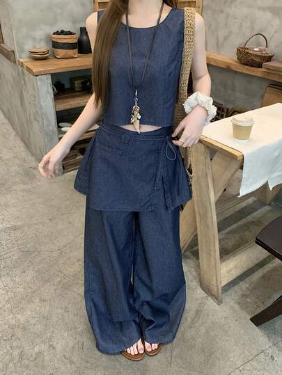 DAZY Women's Crew Neck Cropped Denim Vest And Wrap-Style Maxi Skirt Pants Denim Set, Stylish Vacation Vibe