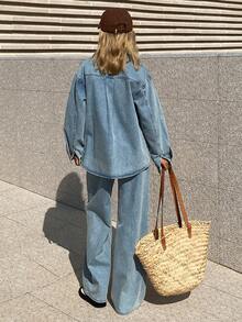 Livesso 女士休闲牛仔外套（带领子和口袋）和裤子套装 - 淺色水洗藍 - 查看 2