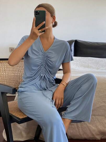 DAZY Minimalist Pleated Design Loose Women Pajama Set
