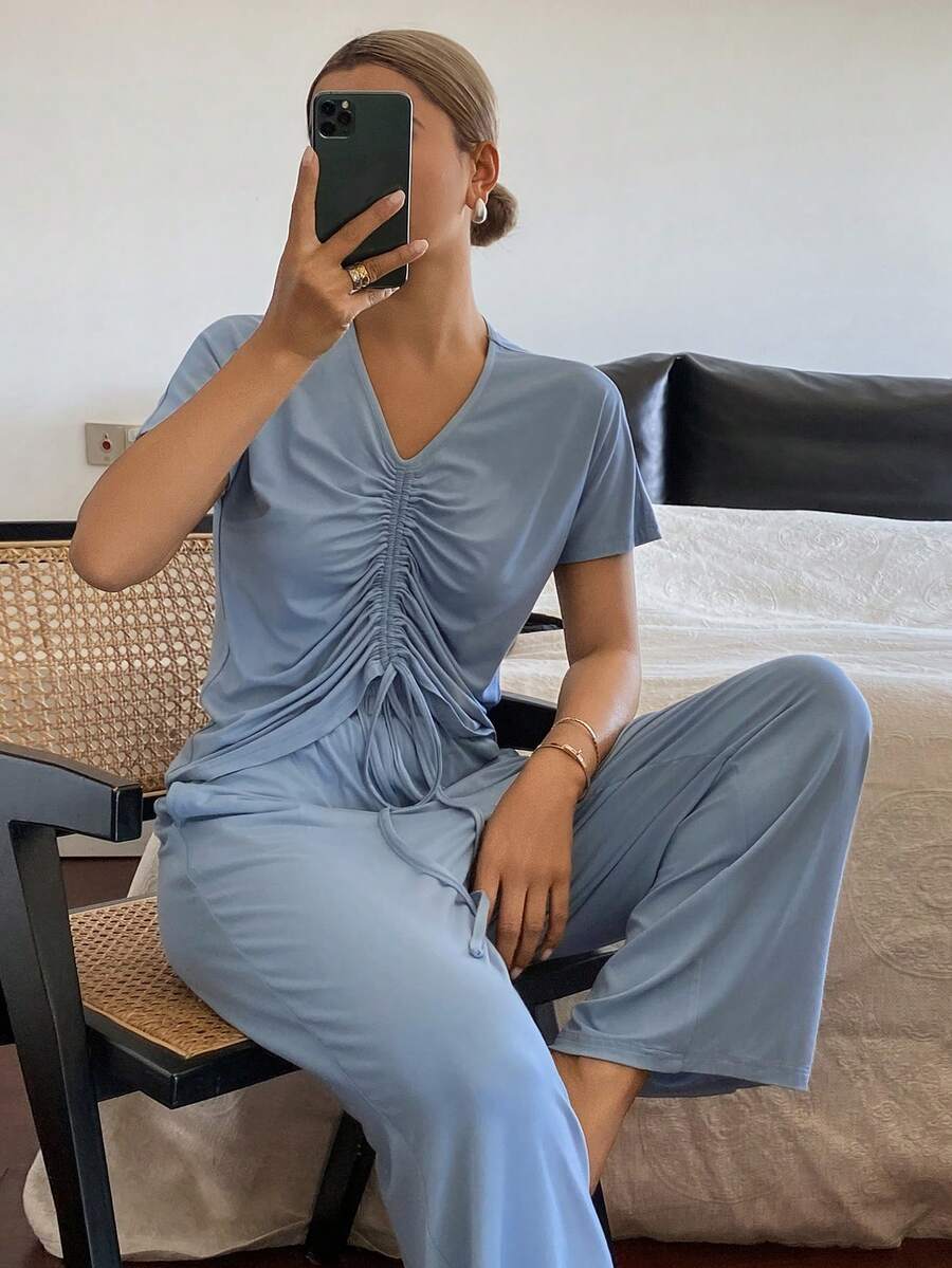 DAZY Minimalist Pleated Design Loose Women Pajama Set - Blue - View 1
