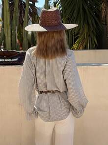 Livesso 女士条纹宽松专属春季腰带衬衫 - 黑與白 - 查看 2