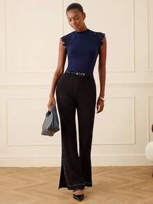 Lilora Women's Elegant Black Flare Pants,Black And Silver Studded Rhinestone Slit Bell Bottoms,High-End Classy Wide Leg Trousers For Autumn Party & Commute - Black - View 7
