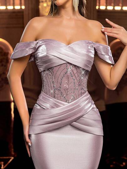 Glamrae Elegant Sexy Beaded Embroidery Satin Off Shoulder Ruched Design Mermaid Hem Dress With Flounce Sides, Suitable For Cocktail Party, Gala, Business Event, Private Tea Party, Birthday, Holiday, Wedding Guest And Other Formal Occasions