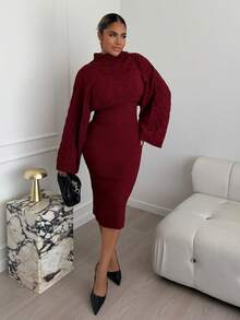 Maria Perezxox 2pcs Women's Casual Knitted Sweater Top And Long Skirt Set, Loose Fit Turtleneck Long Sleeve Crop Top And Skirt, Autumn/Winter - Red - View 1