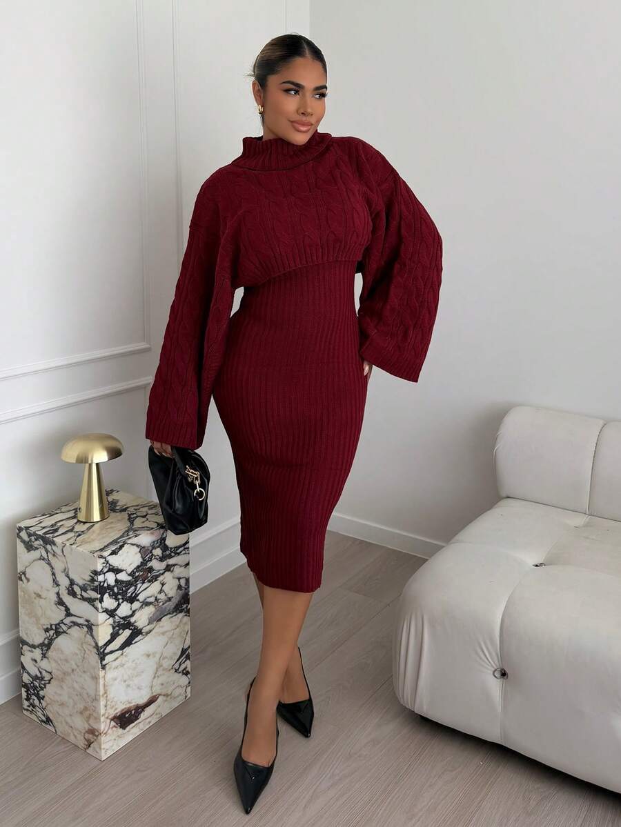 Maria Perezxox 2pcs Women's Casual Knitted Sweater Top And Long Skirt Set, Loose Fit Turtleneck Long Sleeve Crop Top And Skirt, Autumn/Winter - Red - View 1