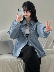 DAZY Áo sơ mi dài tay denim màu trơn dành cho nữ, áo kiểu rộng rãi, áo khoác mỏng mặc ngoài. - Rửa nhẹ - Xem 6