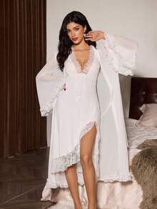 Slumberist Bộ đồ ngủ ren gợi cảm, quyến rũ dành cho nữ, kiểu dáng trưởng thành, cổ chữ V sâu, khoét rỗng, phối ren, ôm sát, hở lưng, xẻ tà, xếp nếp và áo choàng ren mỏng nhẹ, thoải mái, có dây buộc, thích hợp cho cô dâu. - trắng - Xem 5