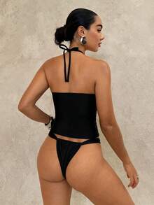 Swim Glamine Women's Solid Color Rivet Decor Halter Backless Top And Triangle Bottoms Tankini Set - Black - View 2