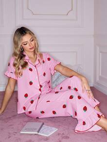 条纹草莓印花甜美荷叶边领短袖女士睡衣套装 - 粉色 - 查看 6