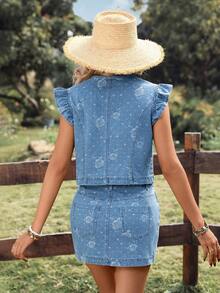 Breezaya Women's Vacation Jacquard Cap Sleeve Denim Blouse - Medium Wash - View 2