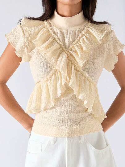 LYSMO 女士纯色立领短袖荷叶边下摆时尚T恤