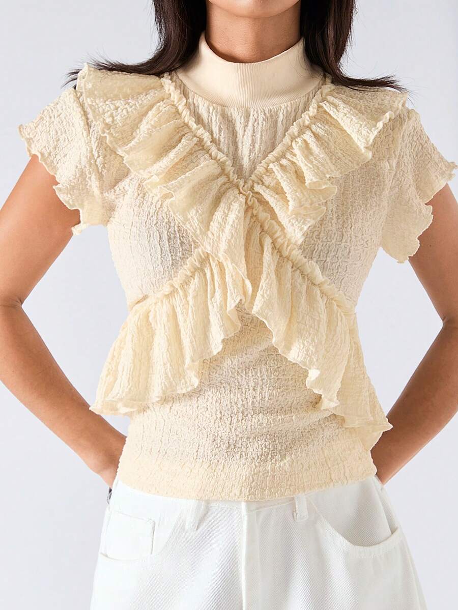 LYSMO 2026 New Arrive Minimalism Spring/Summer Women's Solid Color Stand Collar Short Sleeve Ruffle Hem Fashion T-Shirt,Going Out Top,Vacation/Boho - Coffee Brown - View 1
