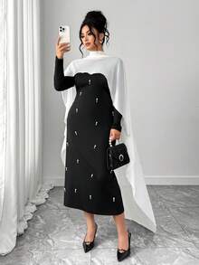 Elenzga Bộ váy maxi dáng suông bằng vải lưới cổ tròn rộng rãi dành cho nữ cỡ lớn, kiểu dáng Trung Đông thanh lịch và lãng mạn, thích hợp làm váy cưới. - Đen và trắng - Xem 7