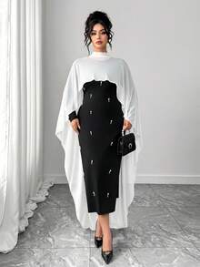 Elenzga Bộ váy maxi dáng suông bằng vải lưới cổ tròn rộng rãi dành cho nữ cỡ lớn, kiểu dáng Trung Đông thanh lịch và lãng mạn, thích hợp làm váy cưới. - Đen và trắng - Xem 8