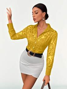 2026 Modichic Camisa transparente sin sujetador con botones para usar en el trabajo, elegante camisa de negocios casual con botones para mujer, blusas de manga larga - Amarillo - Ver 6