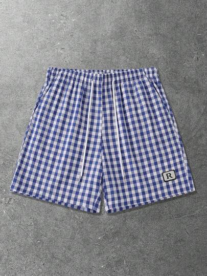 ROMWE MEN Men's Casual Letter Printed Drawstring Waist Loose Patch Shorts