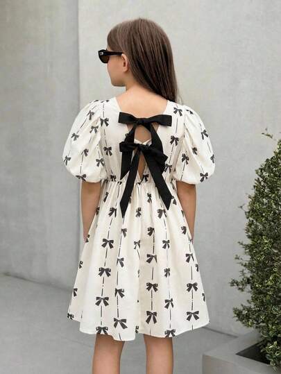 SHEIN 少女宽松优雅圆领泡泡袖蝴蝶结装饰中长连衣裙