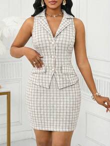 SHEIN Lady Women's Elegant Commuter Plaid Vest & Skirt Suit Set - Black and White - View 4