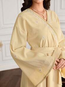 Yasmyna Women's Geometric Embroidery Overlap V-Neck Dropped Shoulder Long Sleeve Elegant Arabic Dress - Yellow - View 1