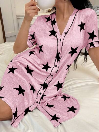 SHEIN American Casual Star Print V-Neck Short Sleeve Women Nightgown