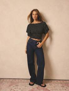 Aralina 女士波点印花上衣，宽领船领，短蝙蝠袖，飘逸袖子，可爱上衣，腰部系带收腰设计，T恤款式，波点印花，复古风格，适合外出、派对、工作或办公室穿着。 - 黑色 - 查看 6