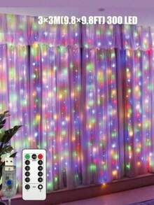 1 pieza Luces de cortina de ventana, 300 luces LED de hadas con control remoto, 8 modos alimentadas por USB, decoración de cortina de ventana, fiesta, Navidad, interior y exterior, Halloween (300 LED - Luz de colores) - Multicolor - Ver 4