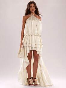 SHEIN BAE Vestido de verano elegante de unicolor para mujer, con escote halter sin espalda, parte delantera corta y parte trasera larga - Albaricoque - Ver 4