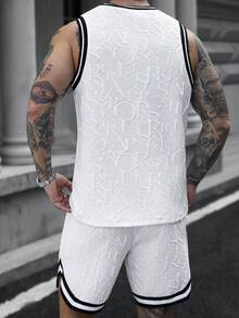 Manfinity CasualCool Men's Letter Embossed Crew Neck Tank Top And Drawstring Waist Shorts Casual Suit - White - View 2